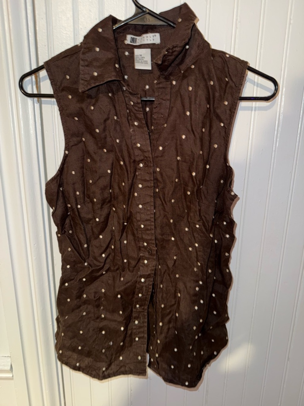 Carole Little Brown Button-Down Sleeveless Polka Dot Shirt